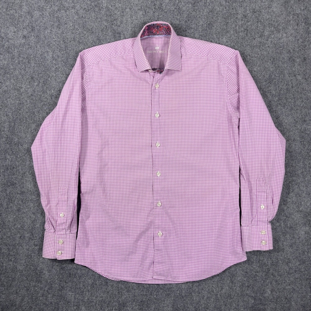 Bertigo Button Down Shirt Mens L Purple Gingham Check Floral Trim Cotton